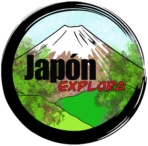 logotipo versión verano de japon explora con las montañas verdes y el cielo azul